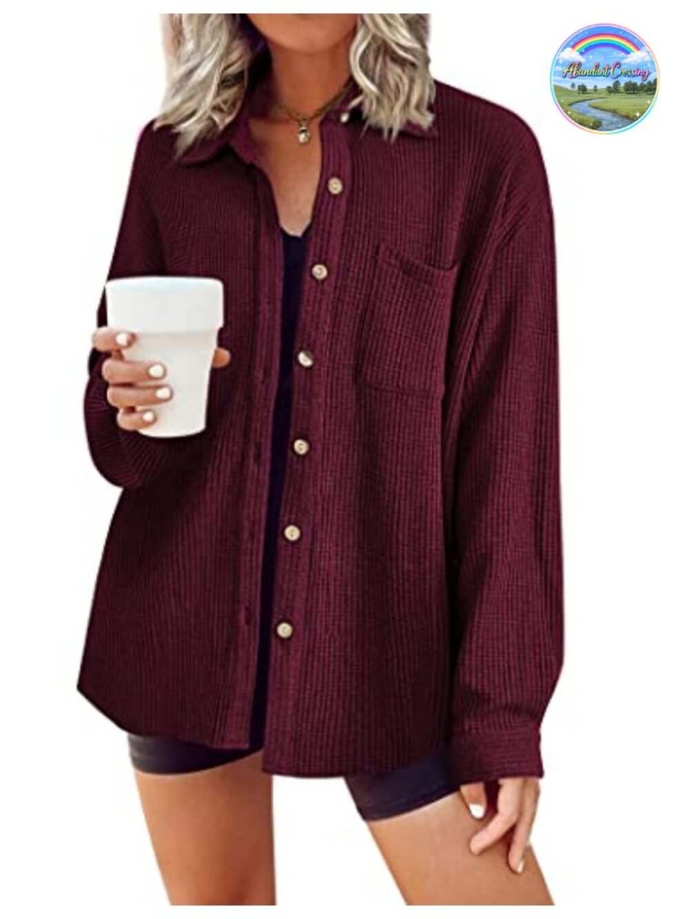 Waffle Knit Button Down Shacket Long Sleeve V Neck Chest Pocket